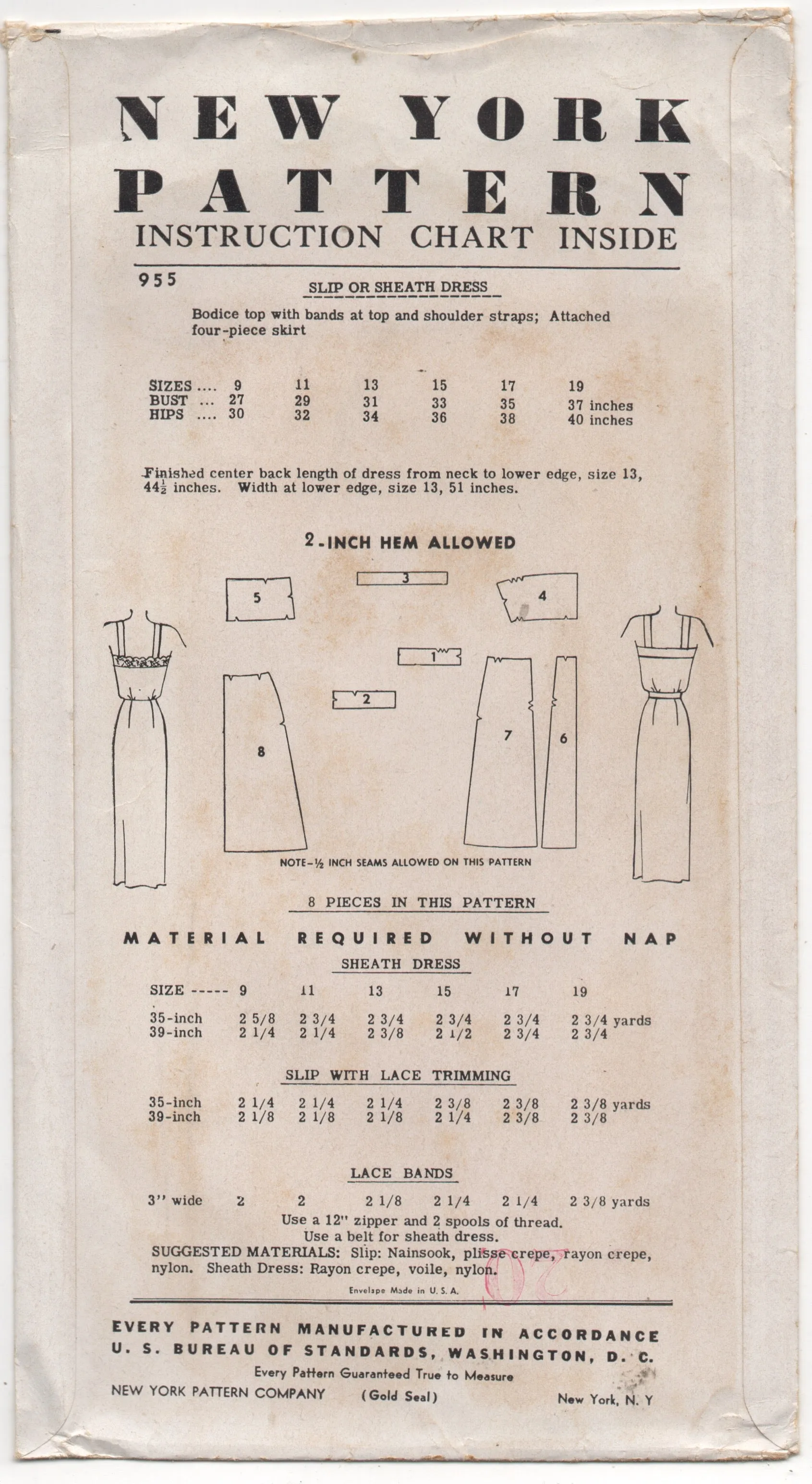 1950's New York Slip or Sheath Dress Pattern - Bust 31" - No. 955