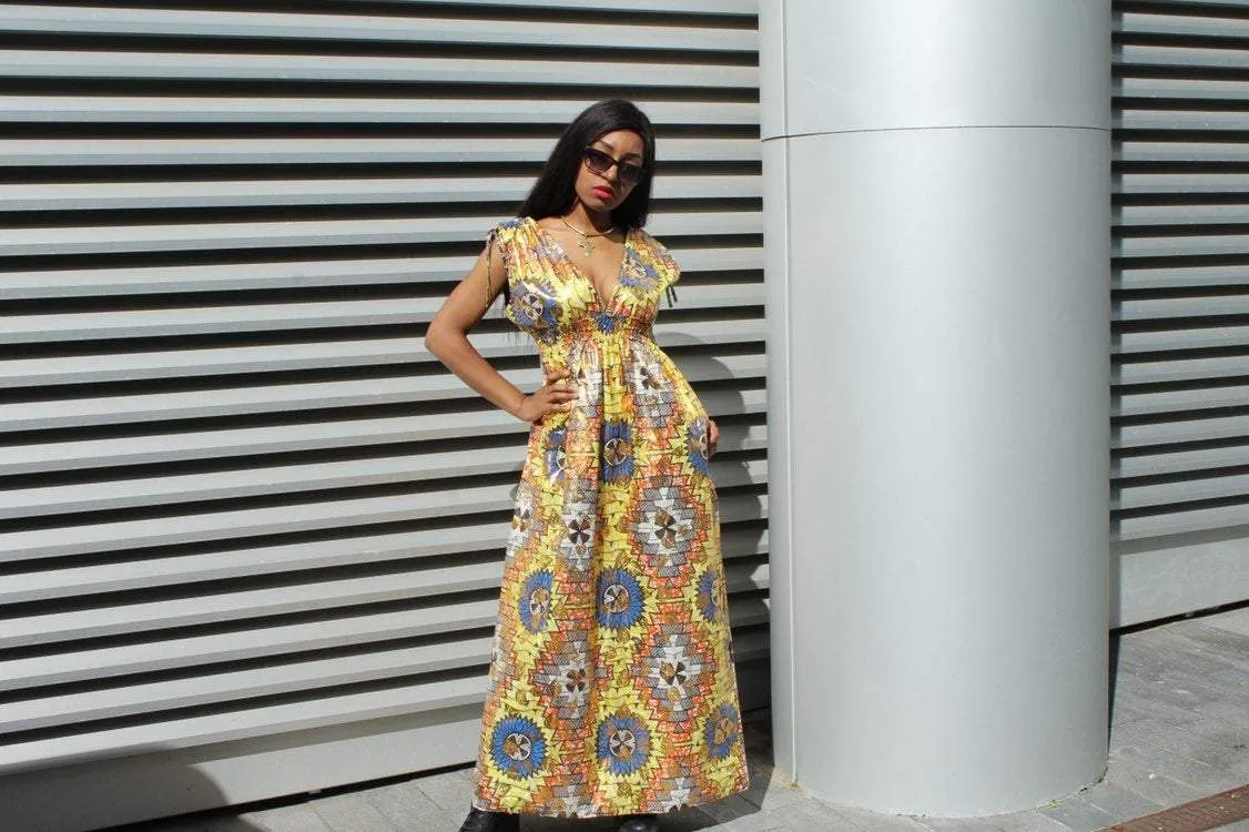 African Dress in Gold Ankara Print - Festival Dress