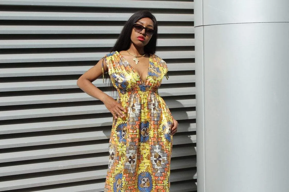 African Dress in Gold Ankara Print - Festival Dress