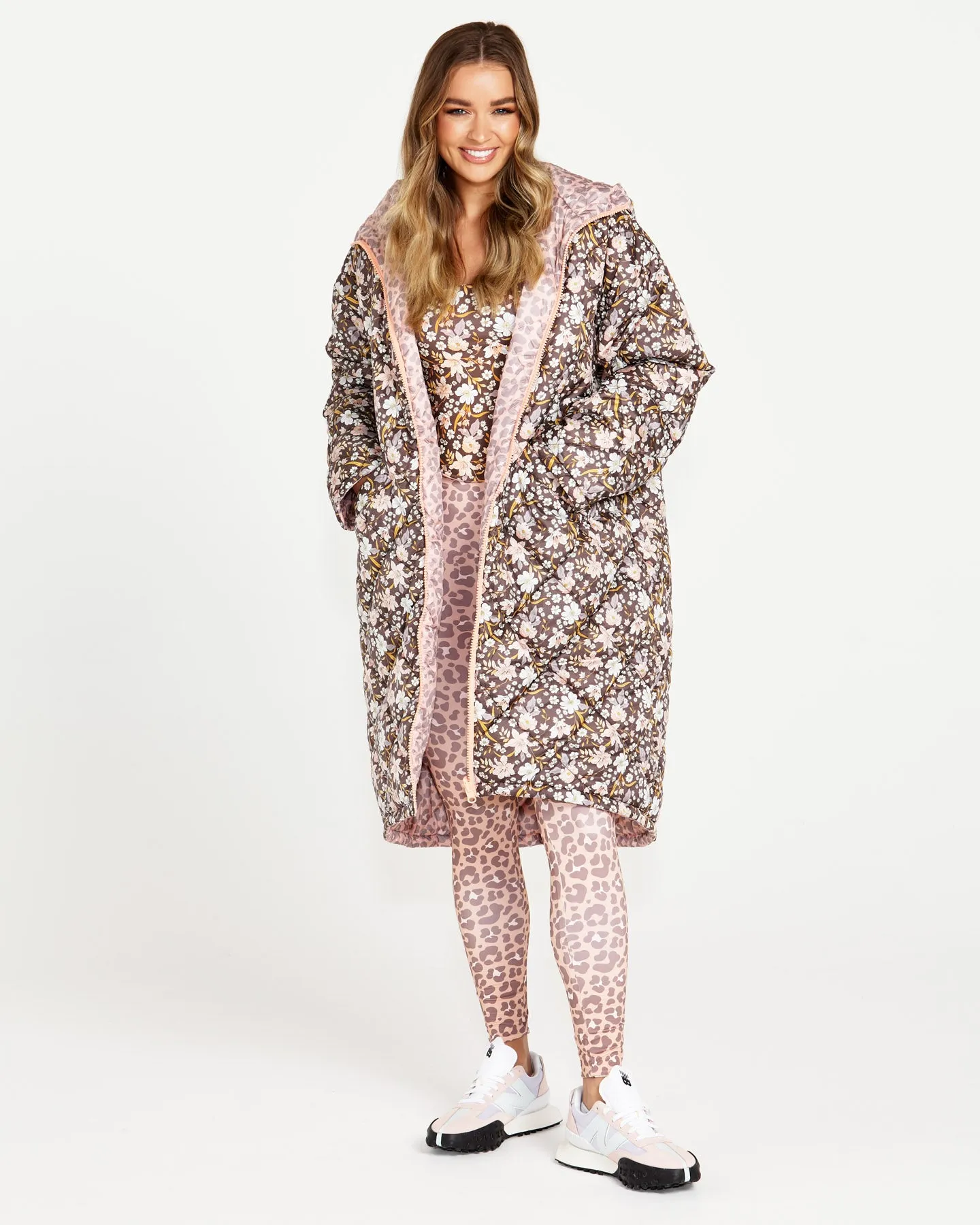 Alessia Reversible Long Puffer Jacket - Chocolate Floral/Pink Cheetah