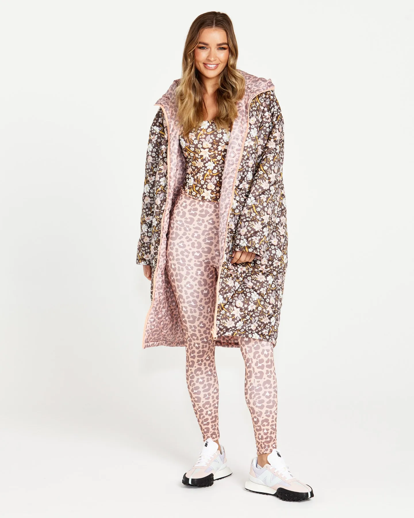 Alessia Reversible Long Puffer Jacket - Chocolate Floral/Pink Cheetah