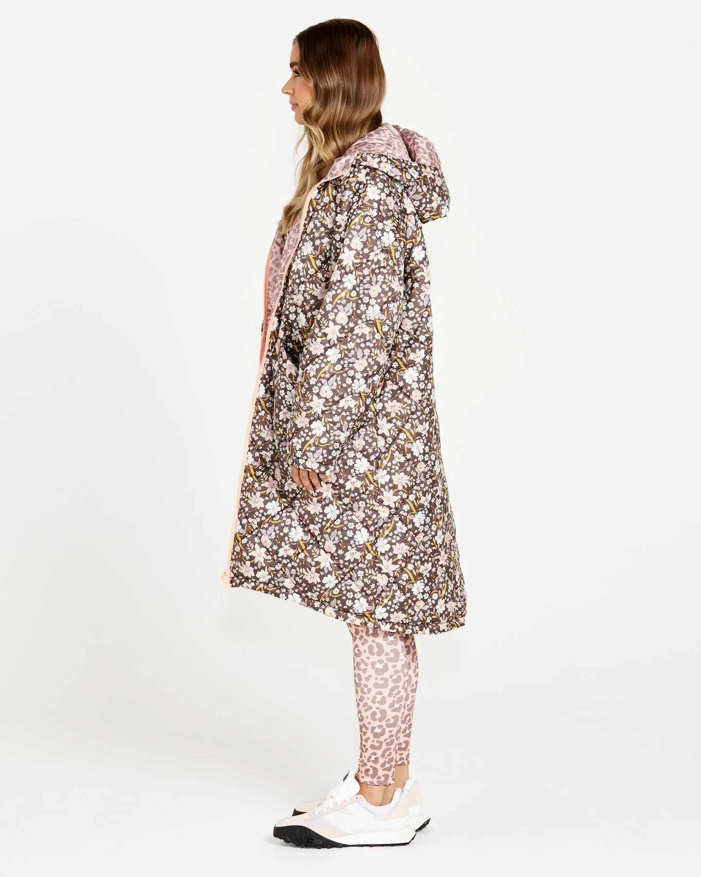 Alessia Reversible Long Puffer Jacket - Chocolate Floral/Pink Cheetah