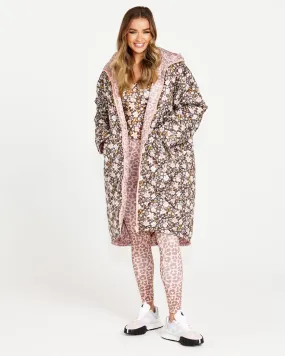 Alessia Reversible Long Puffer Jacket - Chocolate Floral/Pink Cheetah