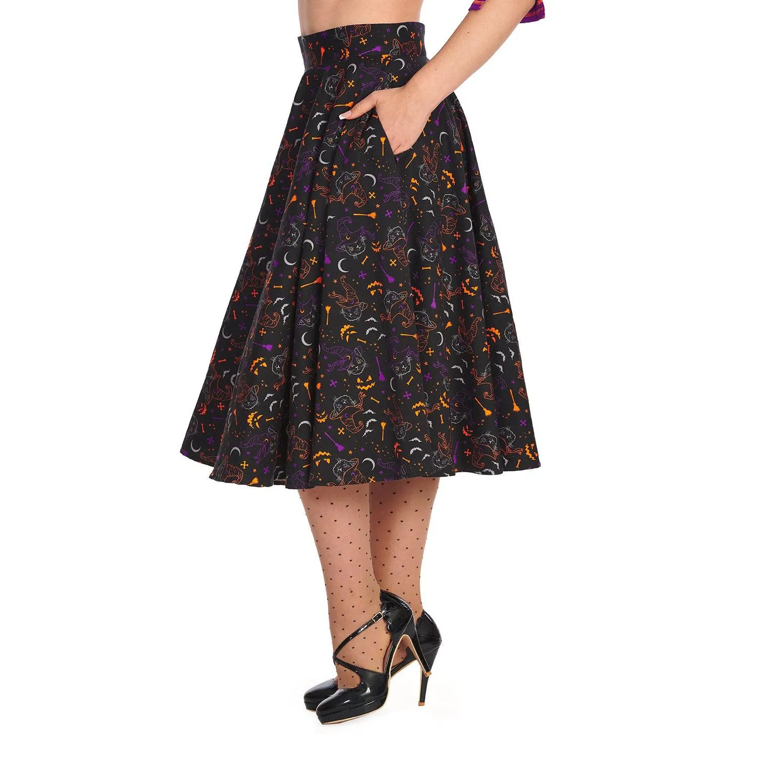 Banned All Hallows Cat Print Swing Skirt