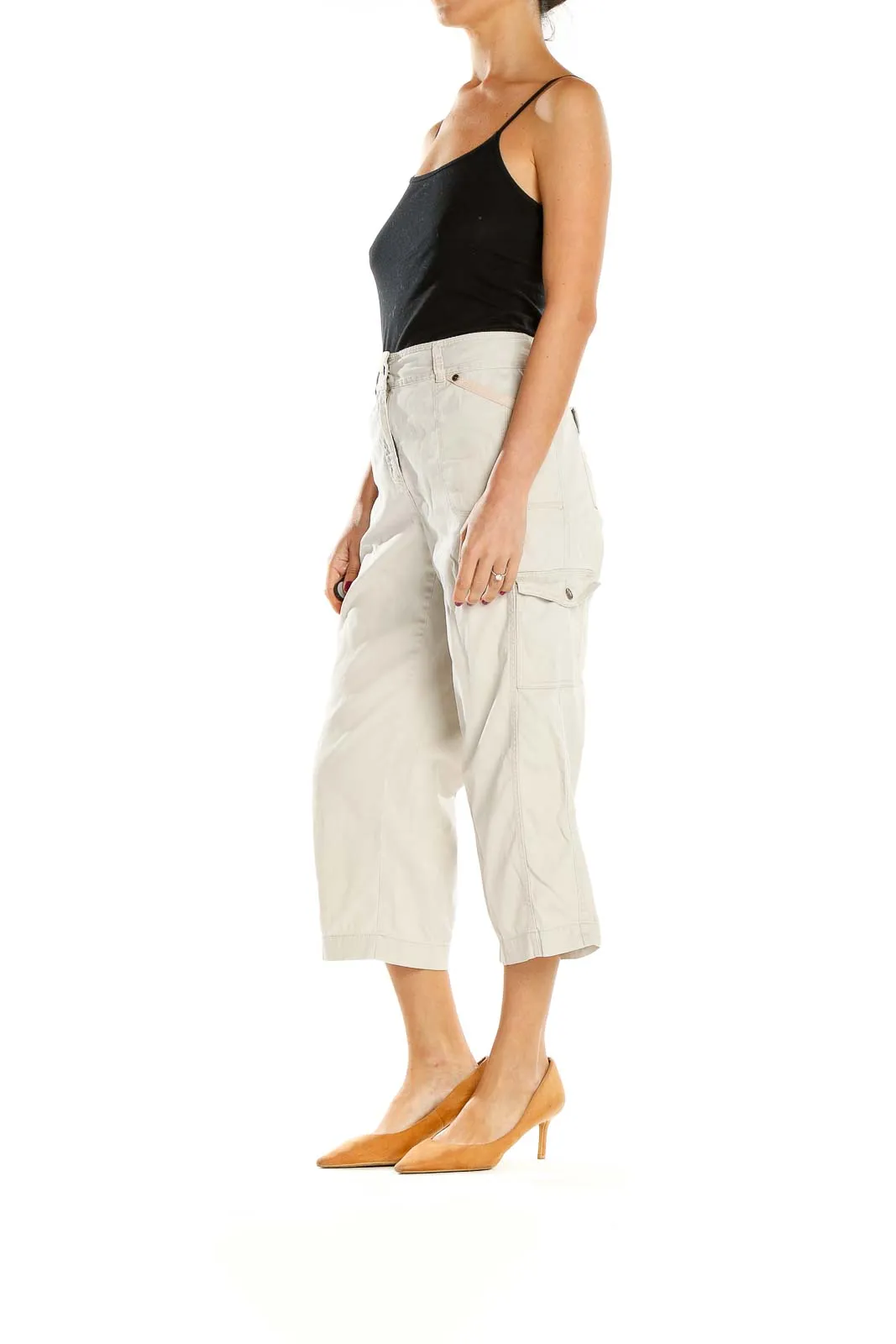 Beige Wide-Leg Cropped Cargo Pants