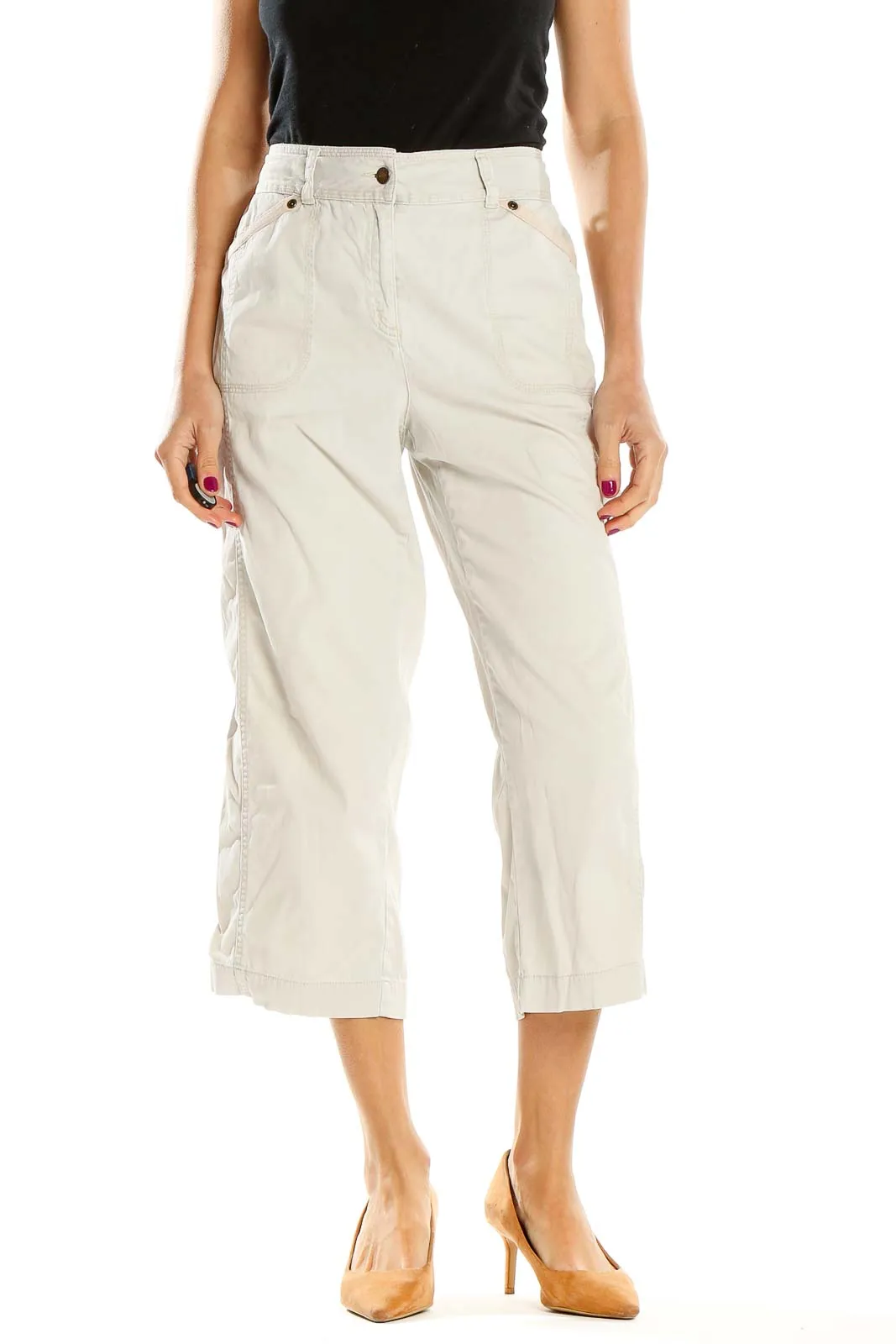 Beige Wide-Leg Cropped Cargo Pants