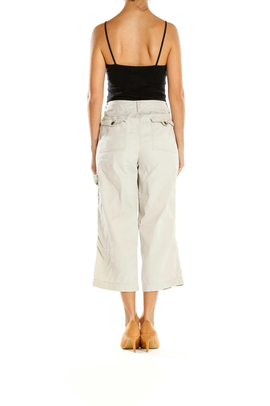 Beige Wide-Leg Cropped Cargo Pants