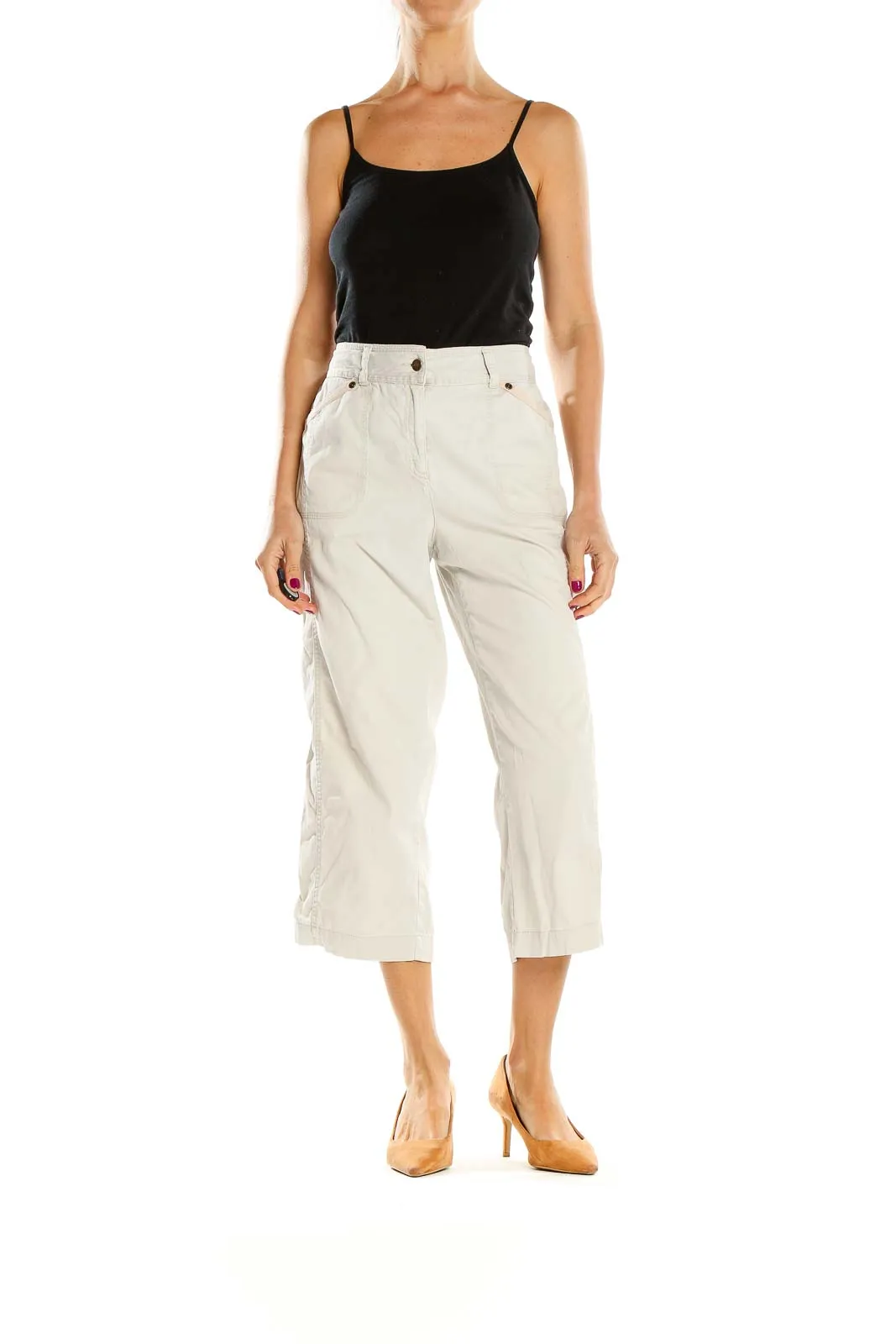 Beige Wide-Leg Cropped Cargo Pants