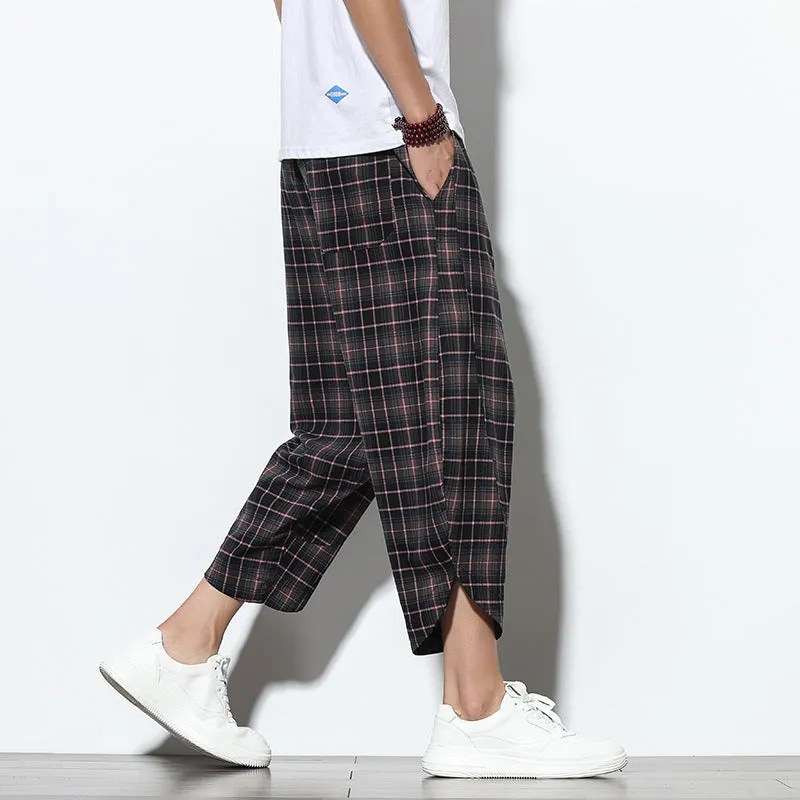 Black Checked Linen Drawstring Cropped Pants