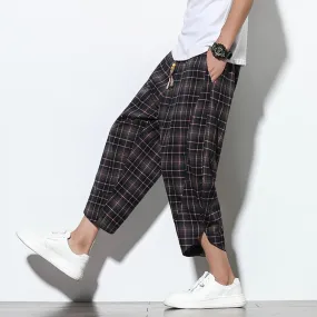 Black Checked Linen Drawstring Cropped Pants