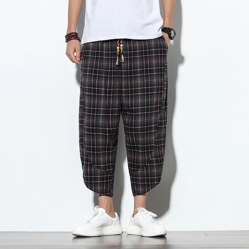 Black Checked Linen Drawstring Cropped Pants