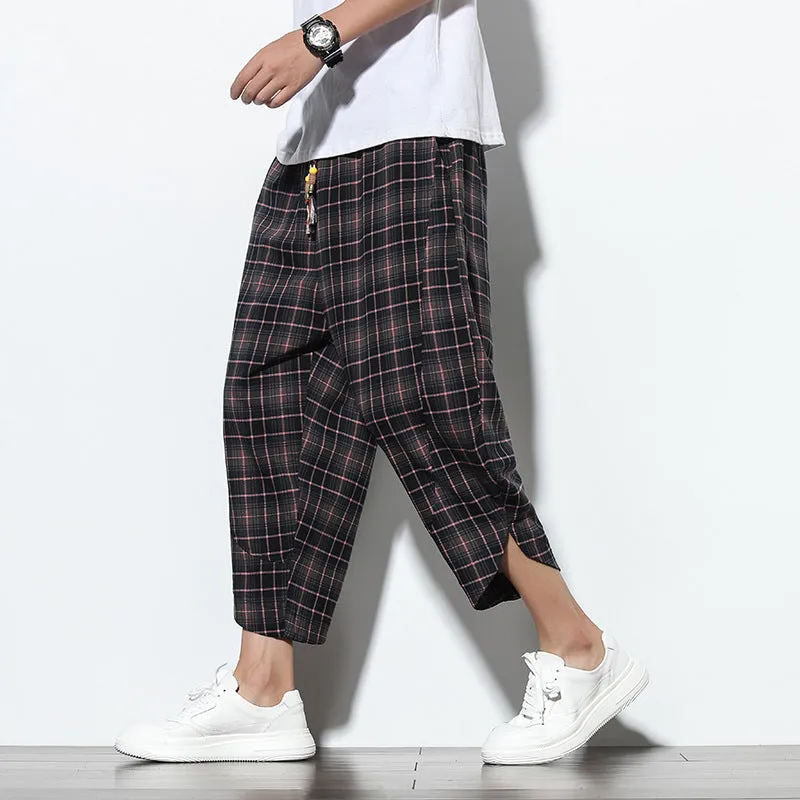 Black Checked Linen Drawstring Cropped Pants