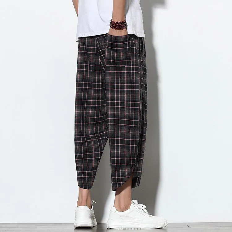 Black Checked Linen Drawstring Cropped Pants