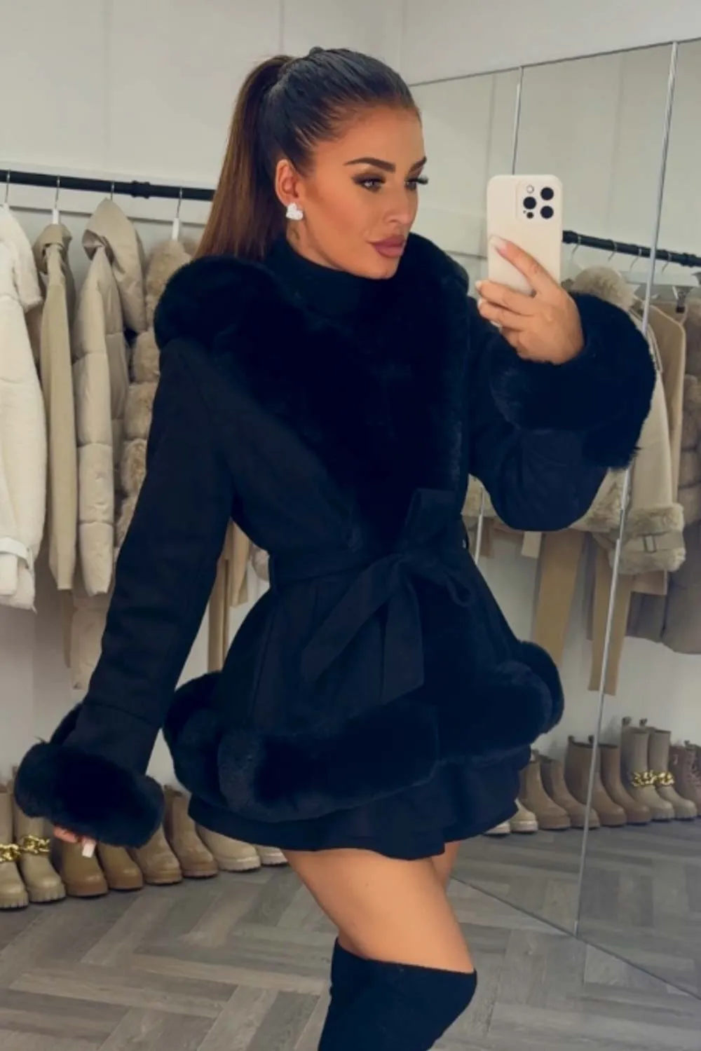 Black Faux Fur Faux Suede Hooded Belted Coat