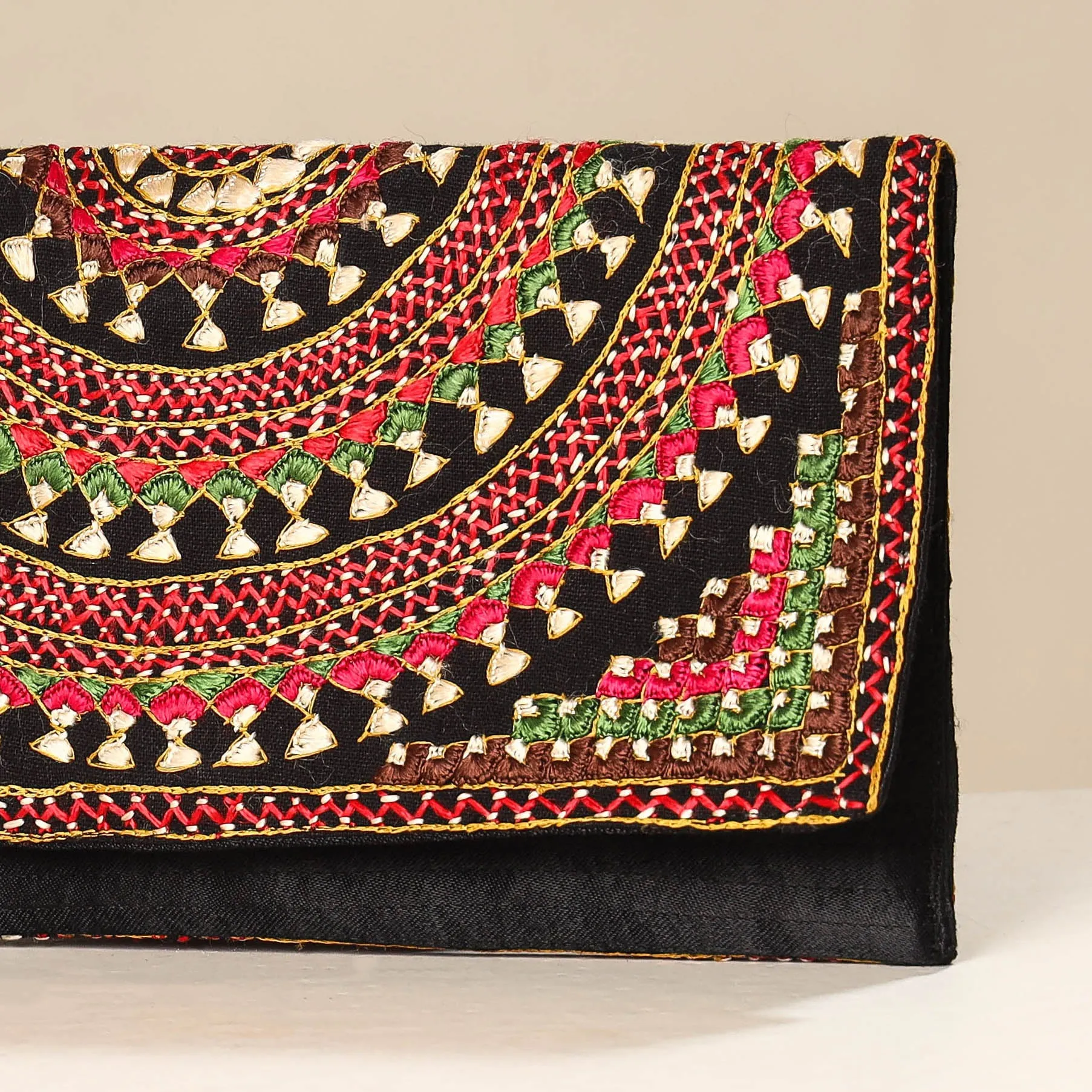 Black - Kutch Neran Embroidery Mashru Silk Wallet