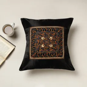 Black - Kutch Neran Hand Embroidered Mashru Silk Cushion Cover (16 x 16 in)