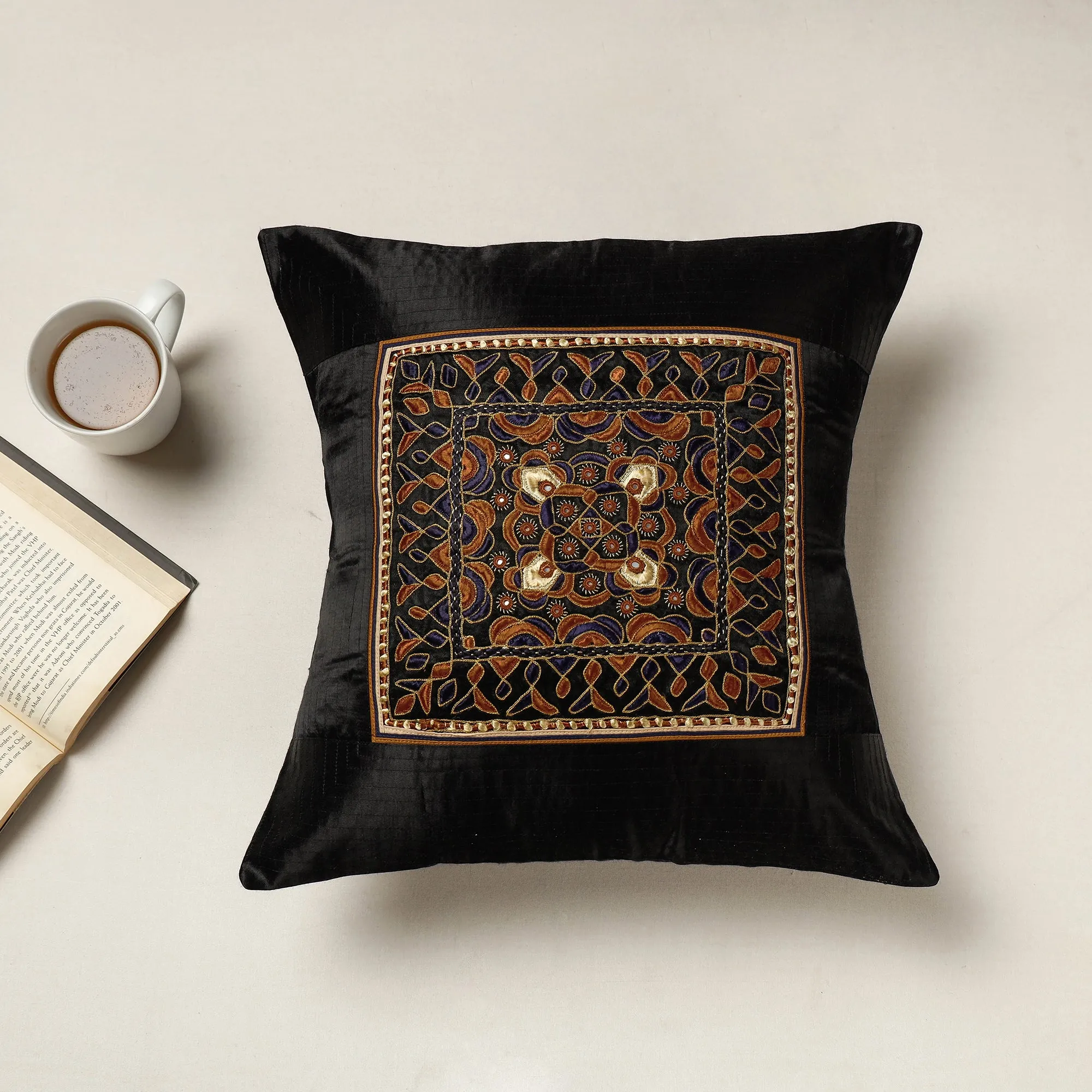 Black - Kutch Neran Hand Embroidered Mashru Silk Cushion Cover (16 x 16 in)