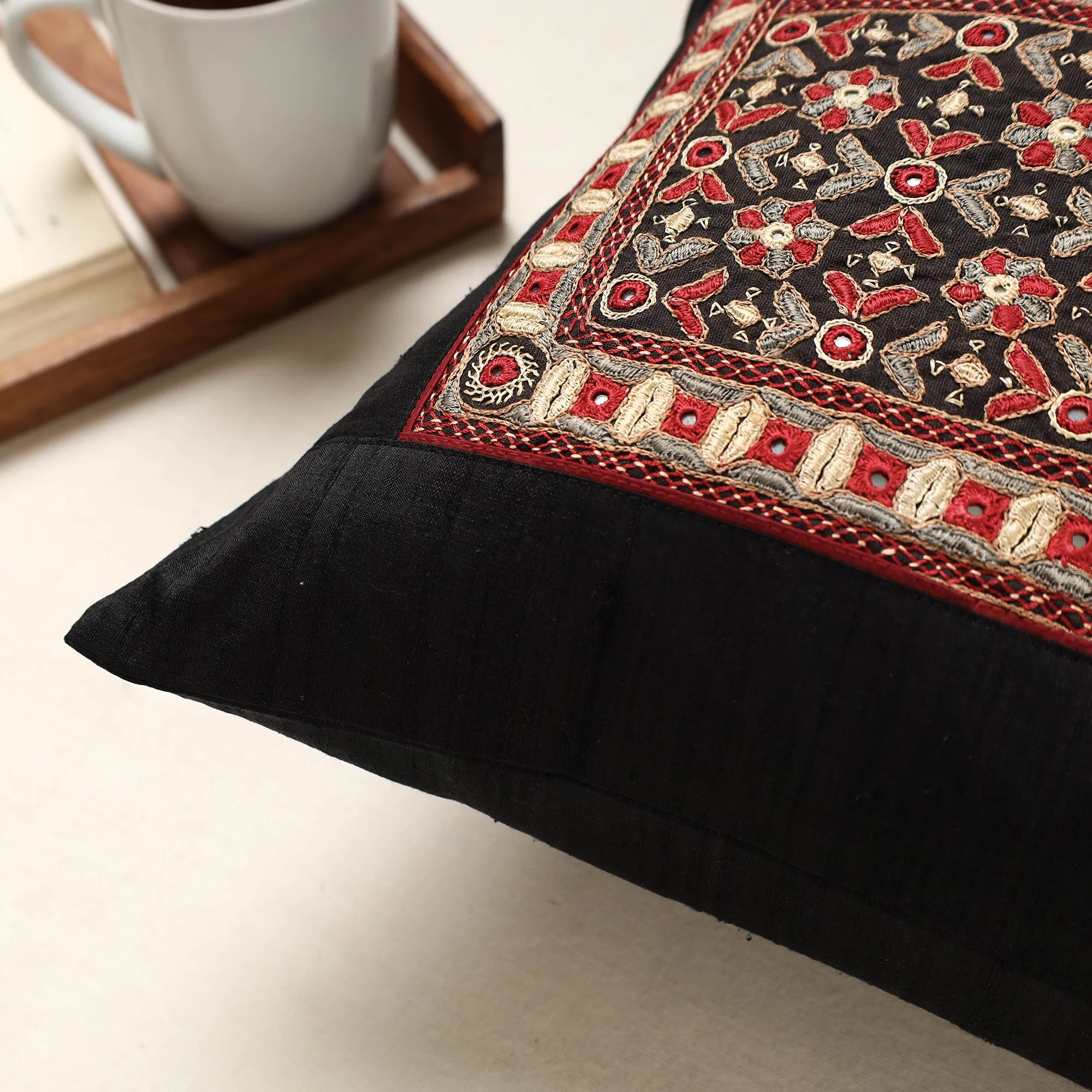 Black - Kutch Pakko Hand Embroidery Silk Cushion Cover (16 x 16 in)