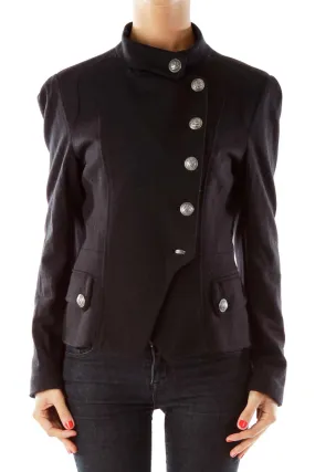 Black Wool Double-Breasted Military Jacket