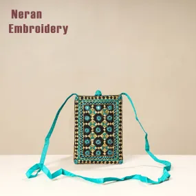 Blue - Kutch Neran Embroidery Mashru Silk Mobile Sling Bag