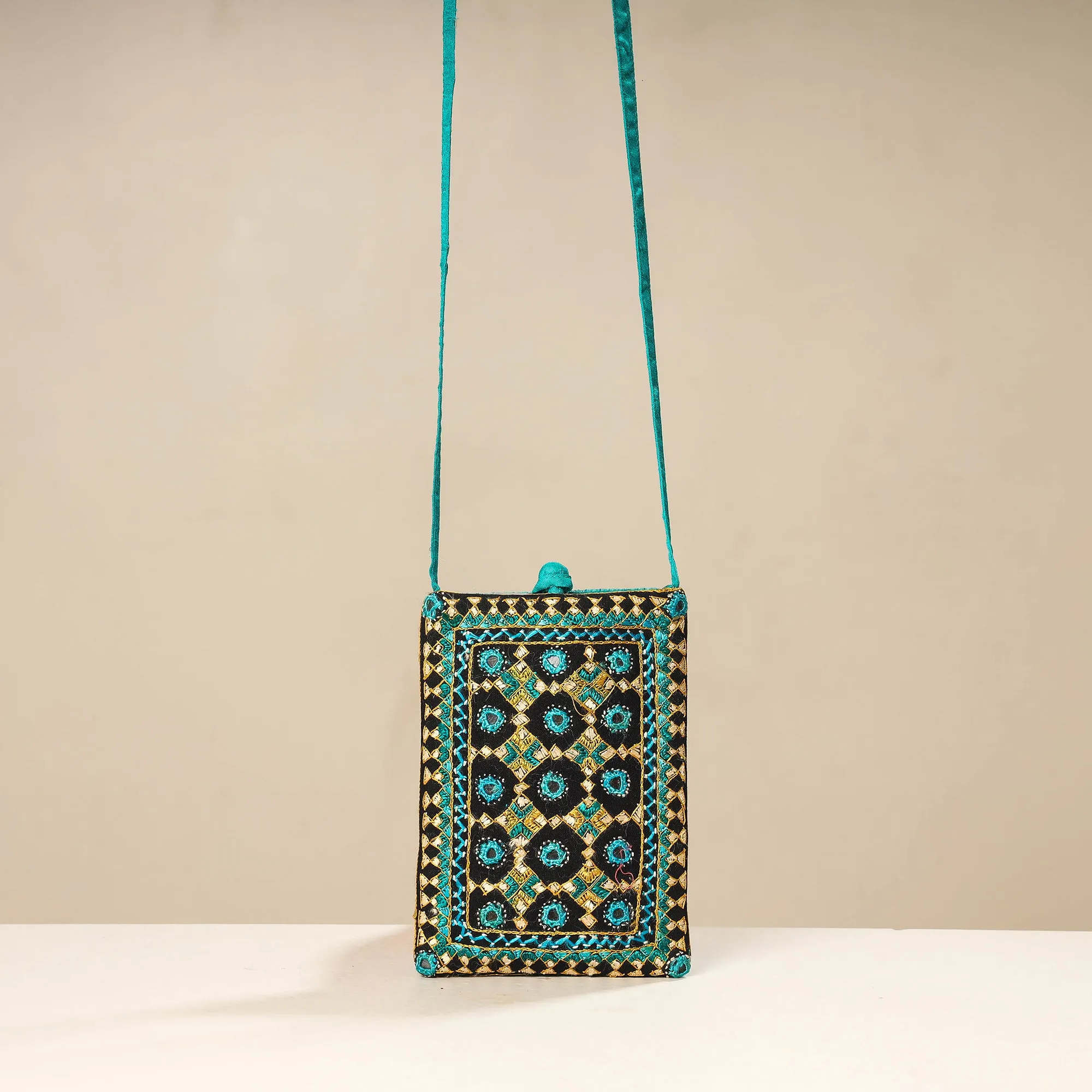 Blue - Kutch Neran Embroidery Mashru Silk Mobile Sling Bag