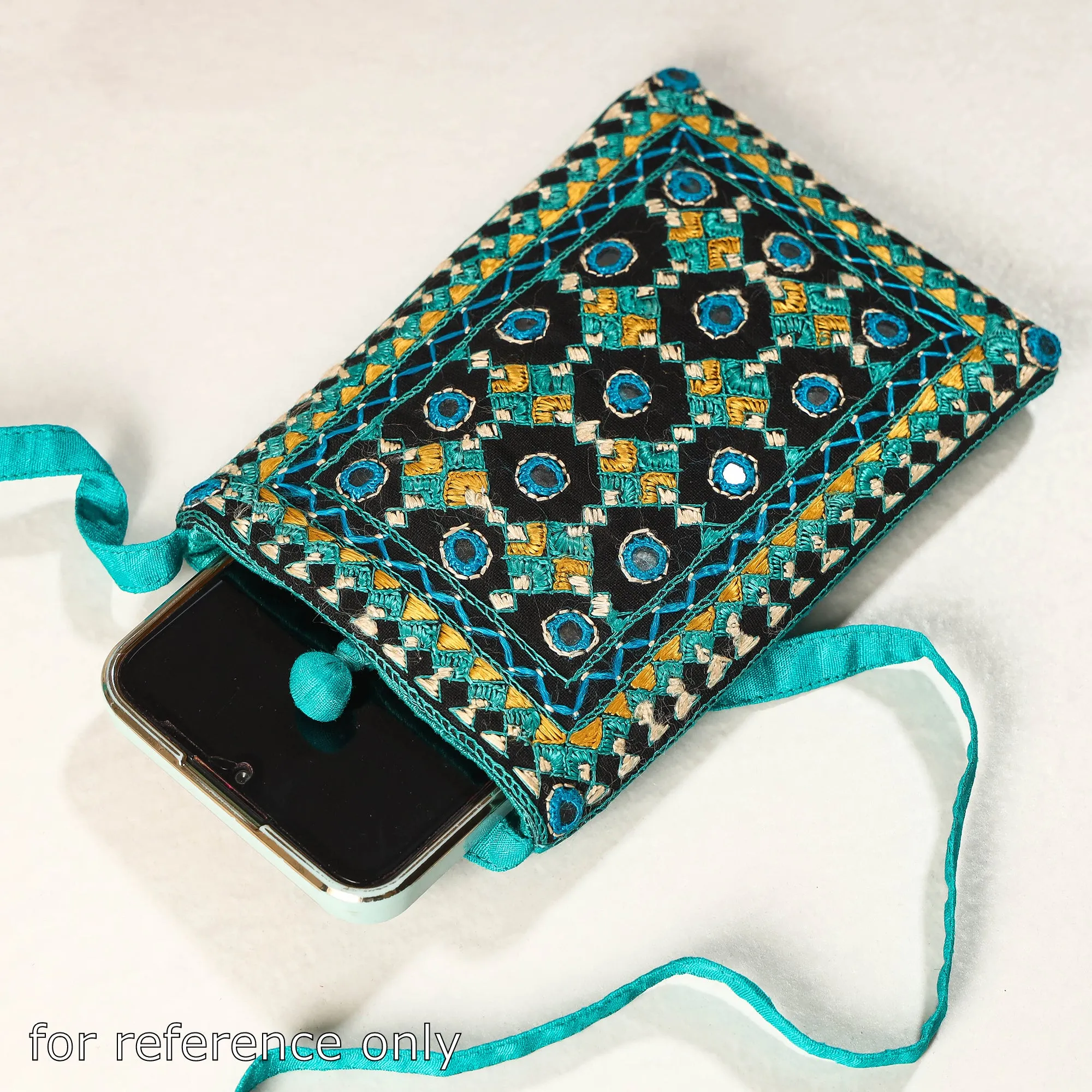 Blue - Kutch Neran Embroidery Mashru Silk Mobile Sling Bag