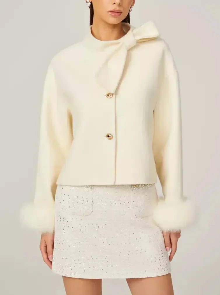 Bow-Neck Cropped Wool Jacket with Fur Cuffs