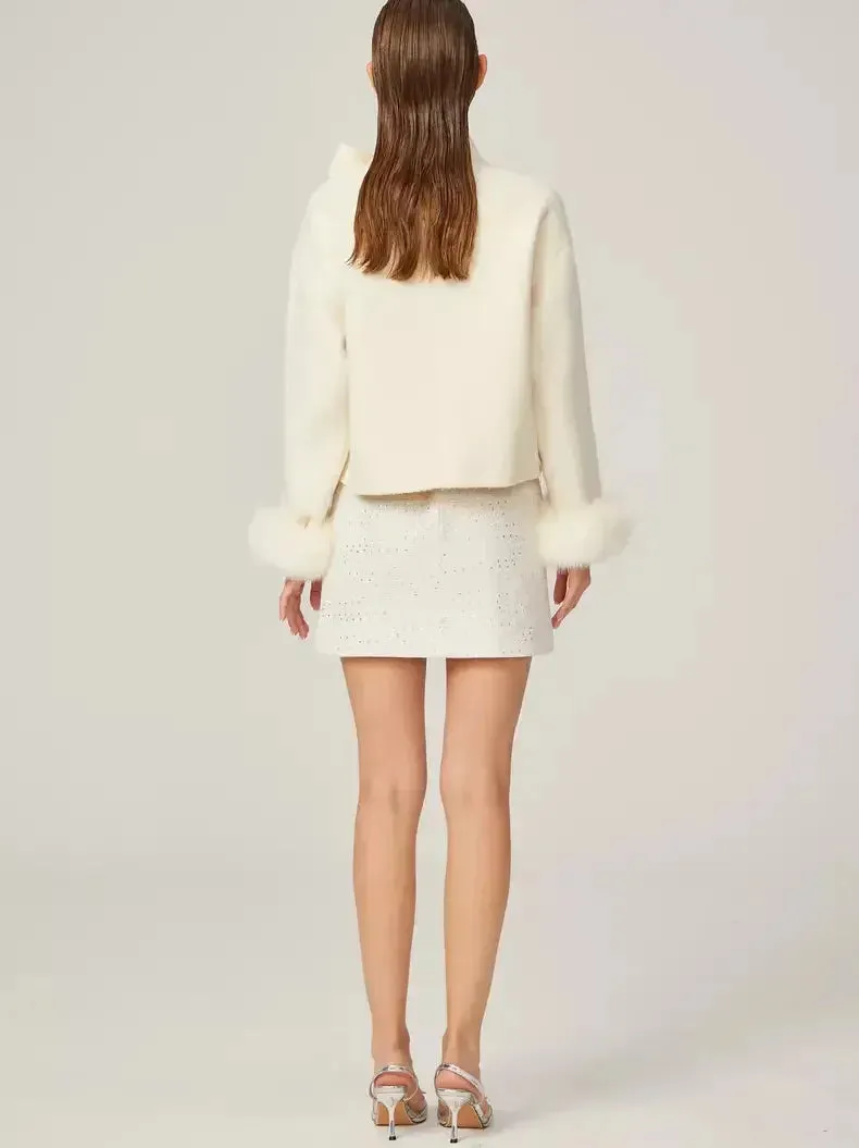 Bow-Neck Cropped Wool Jacket with Fur Cuffs