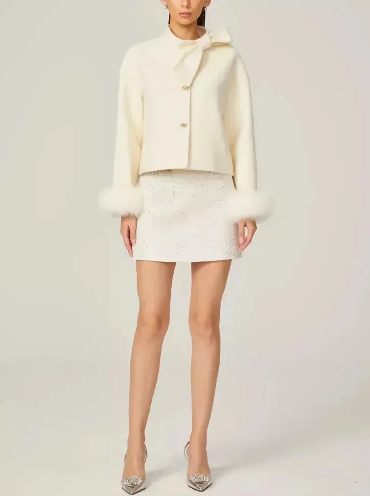 Bow-Neck Cropped Wool Jacket with Fur Cuffs