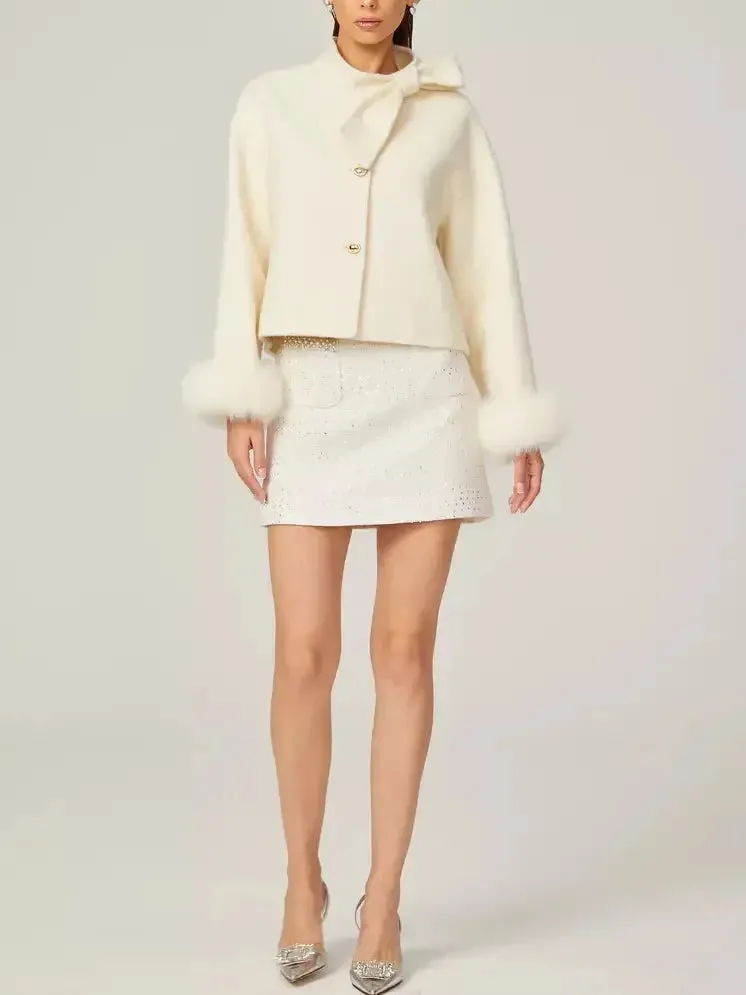 Bow-Neck Cropped Wool Jacket with Fur Cuffs