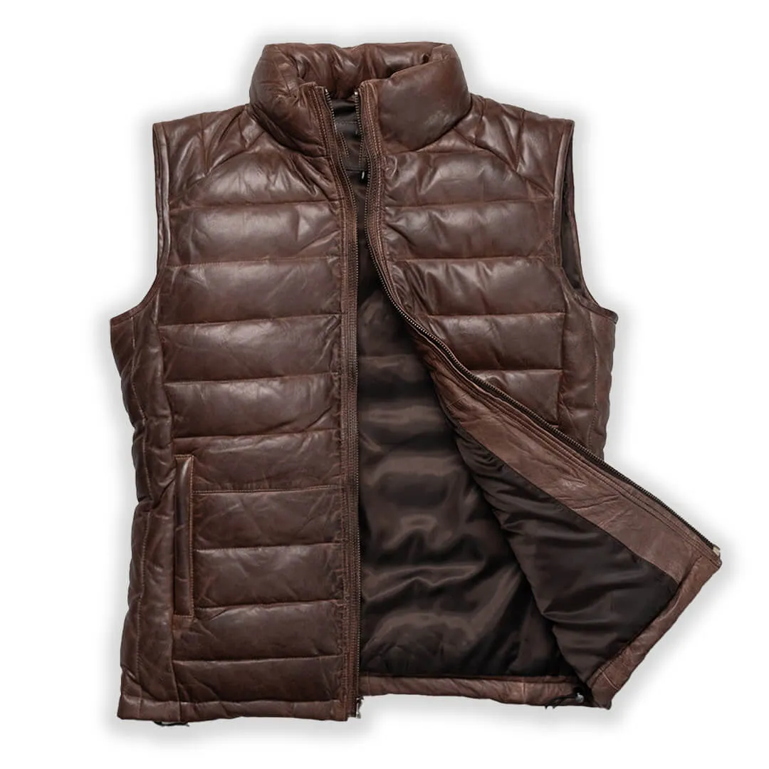 Brown Leather Puffer Vest