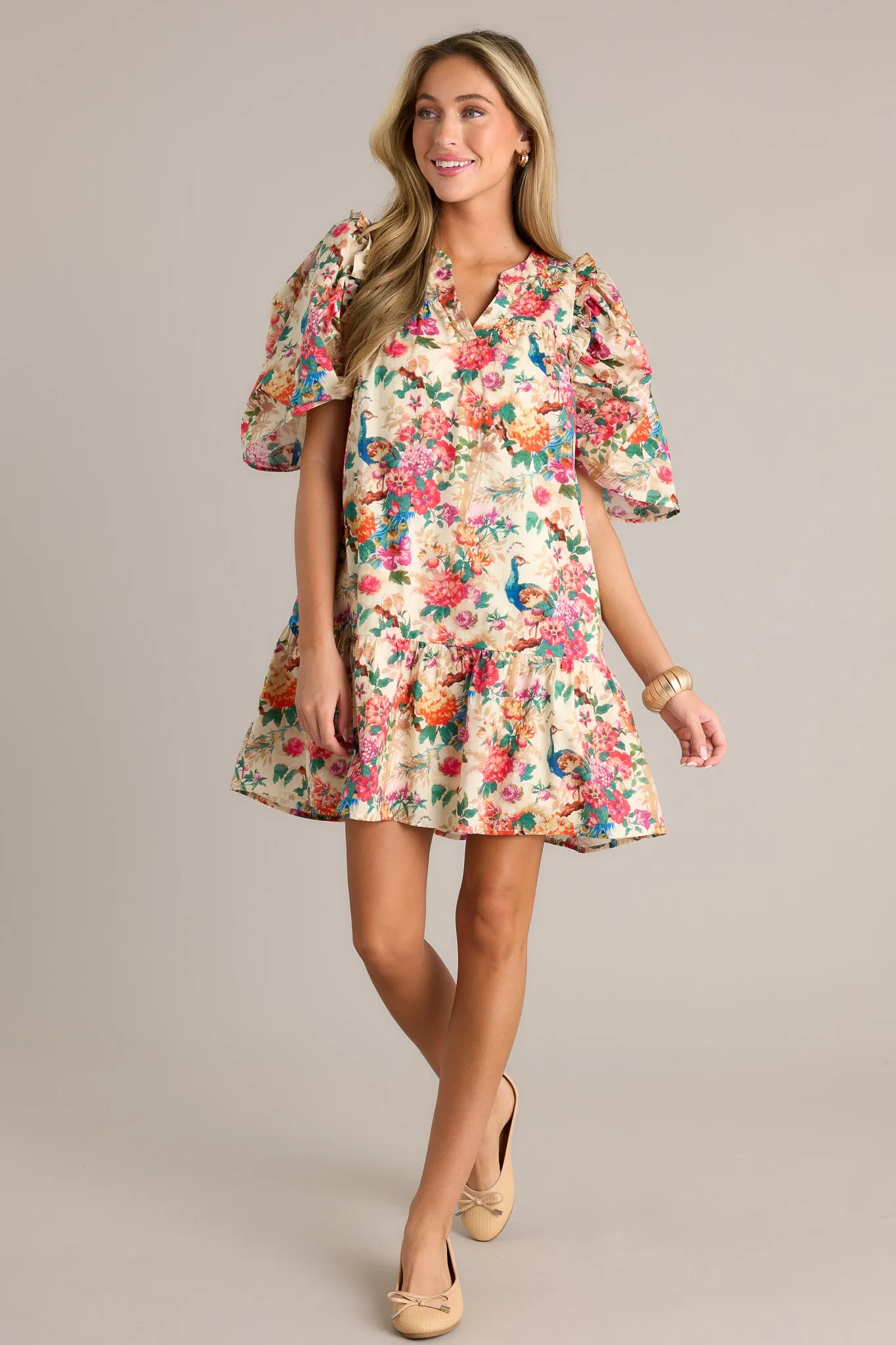 Butterfly Bliss 100% Cotton Ivory Floral Print Dress