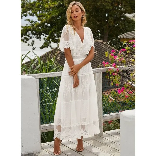 Butterfly Sleeve White Lace Maxi Dress