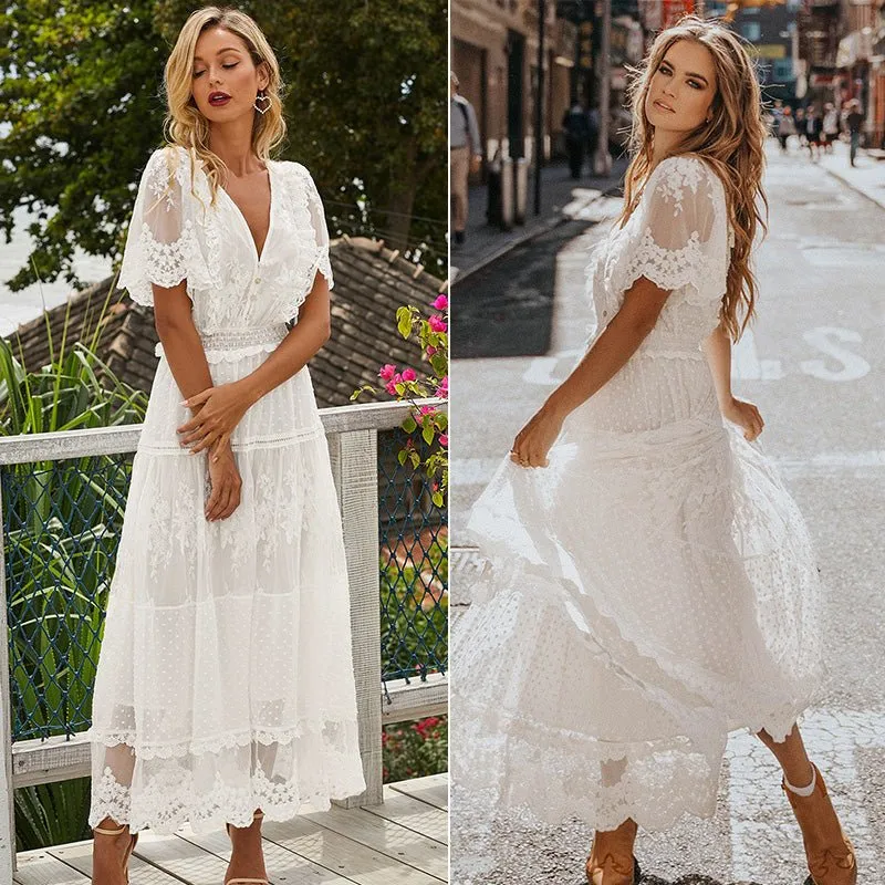 Butterfly Sleeve White Lace Maxi Dress