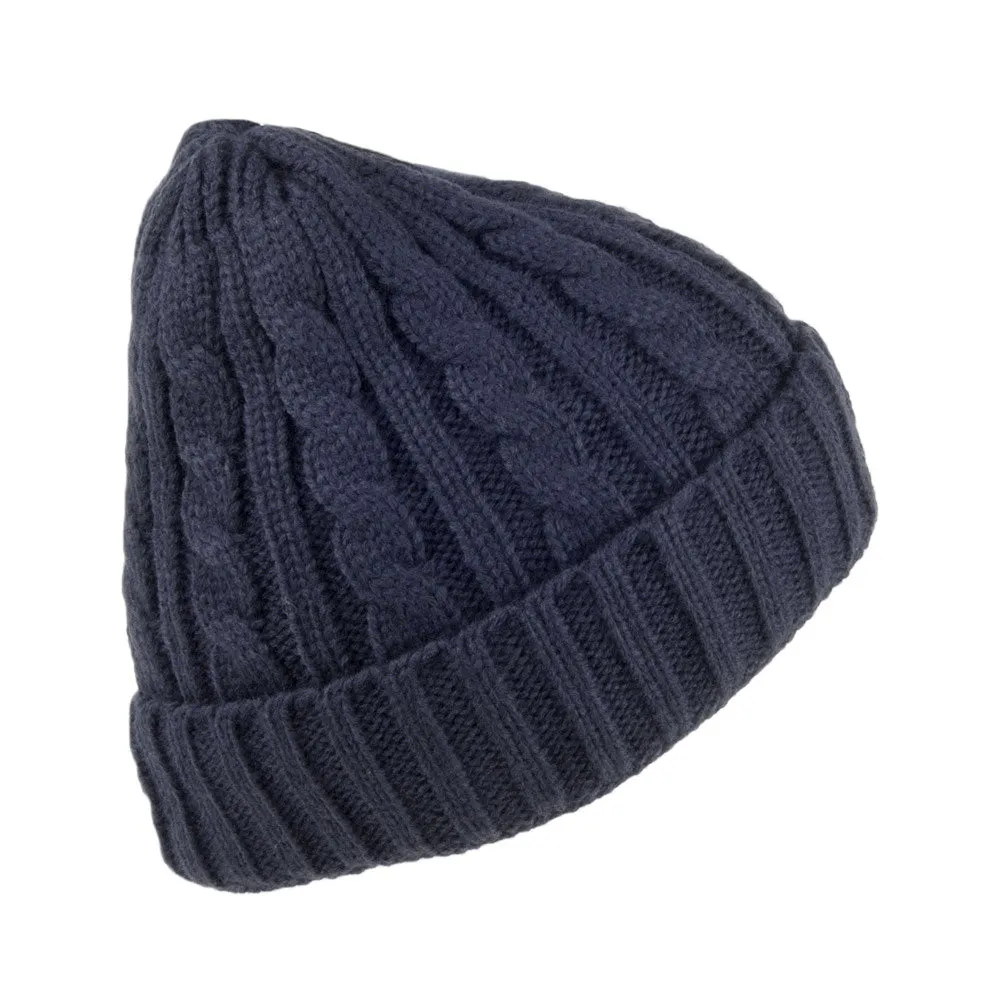 Cable Knit Beanie Hat - Navy Blue