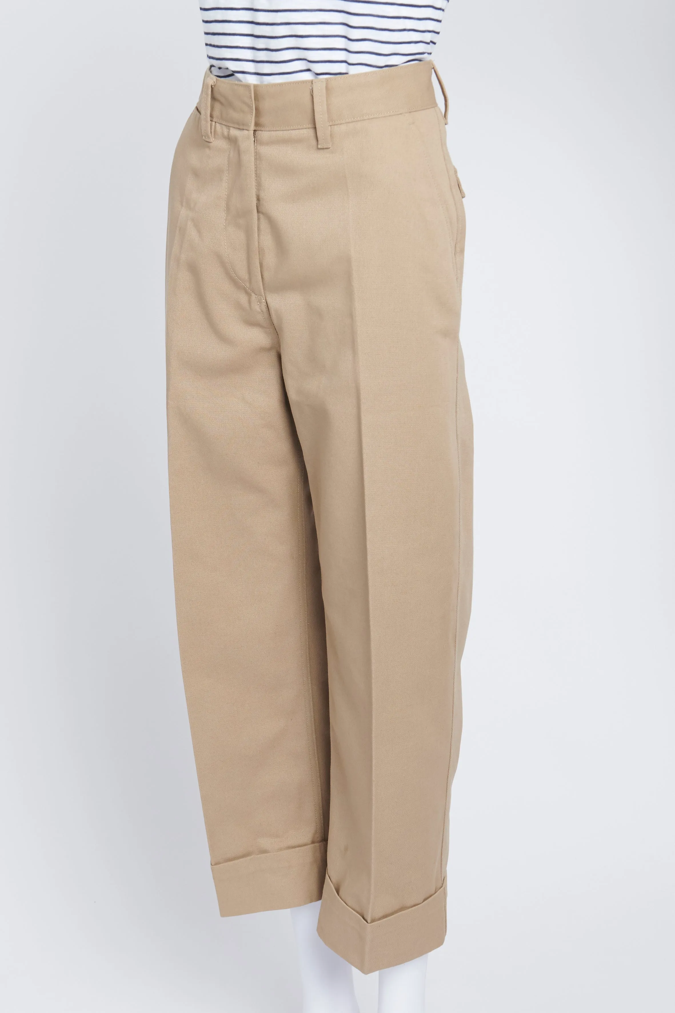 Camel Pleated Three-Quarter Length Trousers