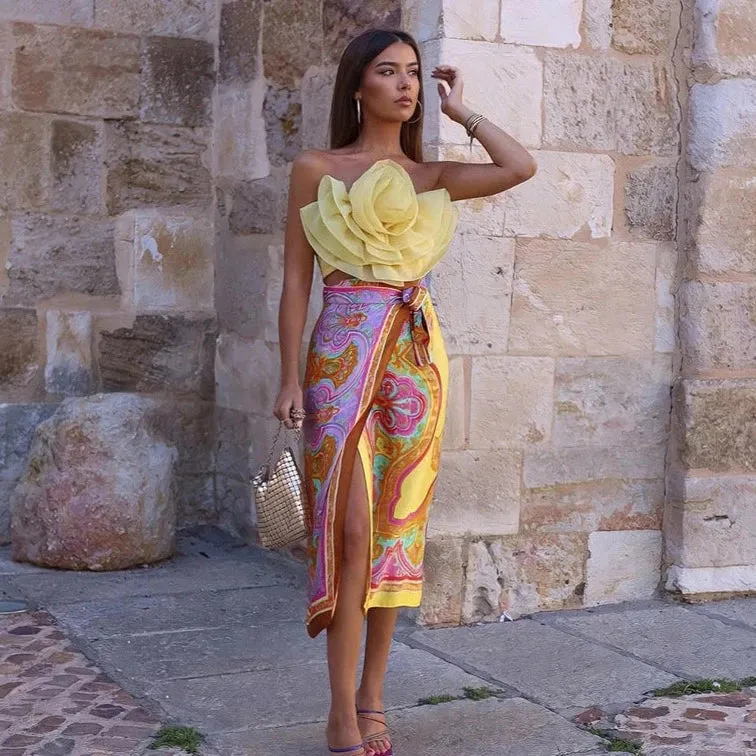 Charlotte Yellow Rose Corsage Cami Top & Skirt