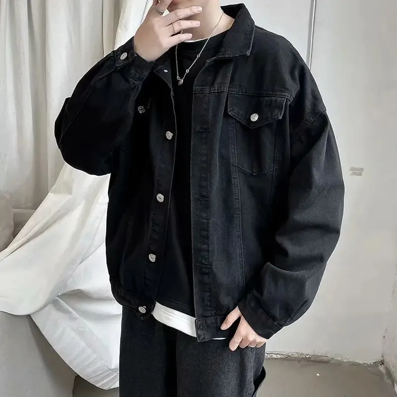 Chicmy-Black Denim Short Jacket Men Turn Down Collar Bomber Jacket Jeans Coats Casual Pockets Overalls Streetwear Man Clothing Outwear