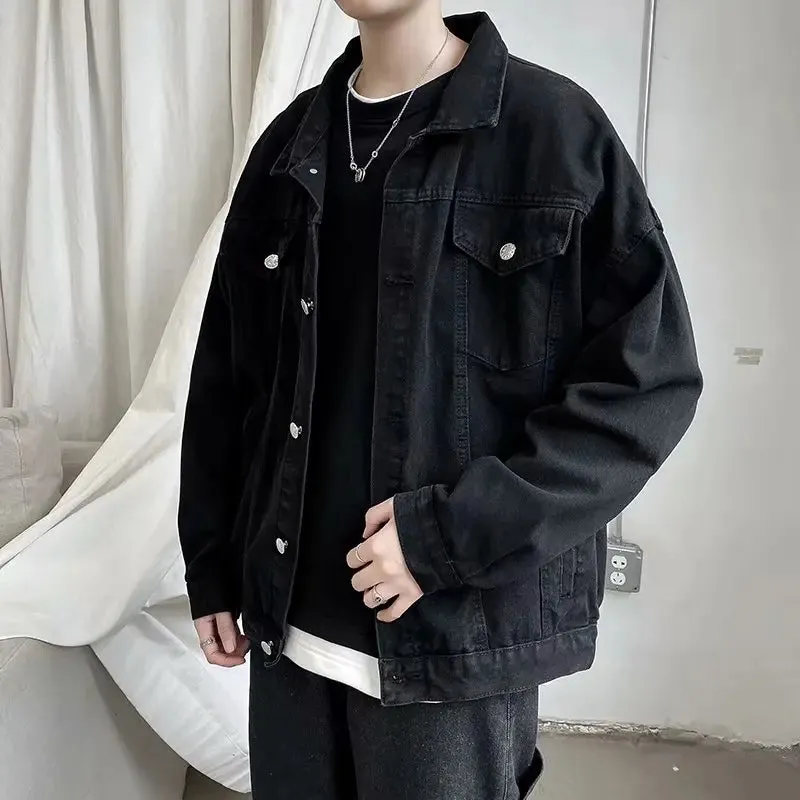 Chicmy-Black Denim Short Jacket Men Turn Down Collar Bomber Jacket Jeans Coats Casual Pockets Overalls Streetwear Man Clothing Outwear