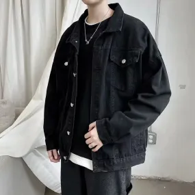 Chicmy-Black Denim Short Jacket Men Turn Down Collar Bomber Jacket Jeans Coats Casual Pockets Overalls Streetwear Man Clothing Outwear