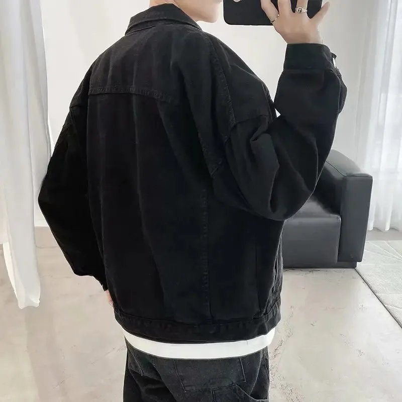 Chicmy-Black Denim Short Jacket Men Turn Down Collar Bomber Jacket Jeans Coats Casual Pockets Overalls Streetwear Man Clothing Outwear