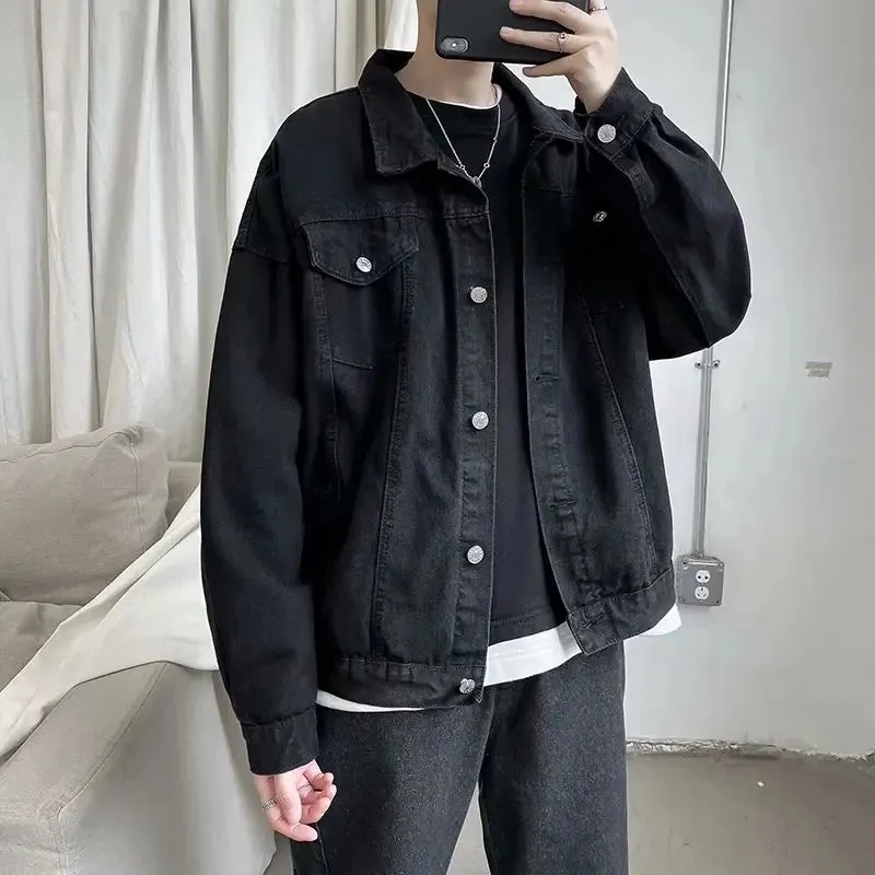 Chicmy-Black Denim Short Jacket Men Turn Down Collar Bomber Jacket Jeans Coats Casual Pockets Overalls Streetwear Man Clothing Outwear