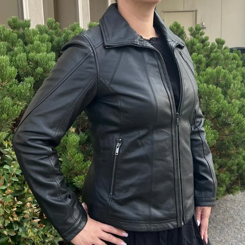 Classic Women's Lamb Leather Jacket with Regular Collar