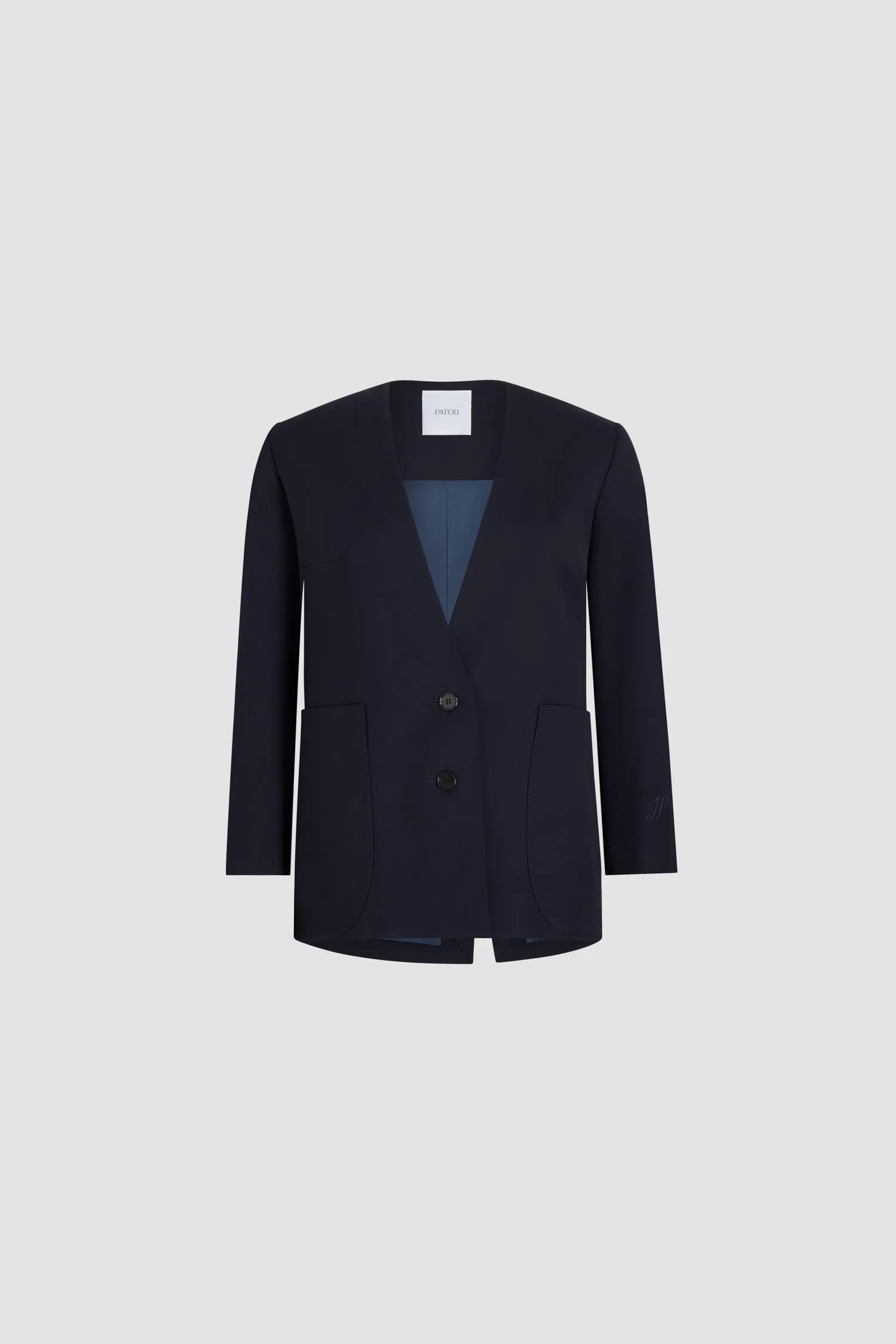 Collarless jacket in sustainable technical wool twill