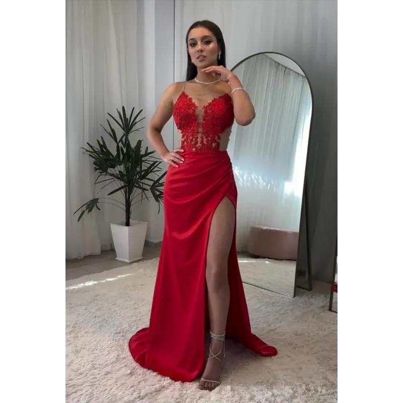 Couture & Ornate Trumpet/Mermaid V-Neck Sleeveless Slit Evening Party Prom Dress