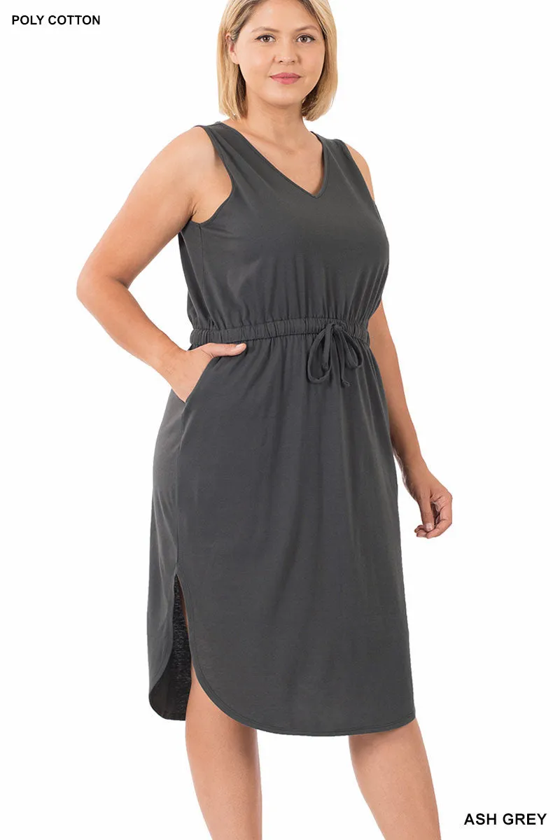 CURVY POLY COTTON DRAWSTRING WAIST CURVED HEM DRESS