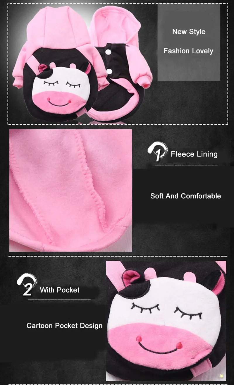 Cute Cartoon Cow Pocket Warm Fleece Lining Hoodie For Dogs