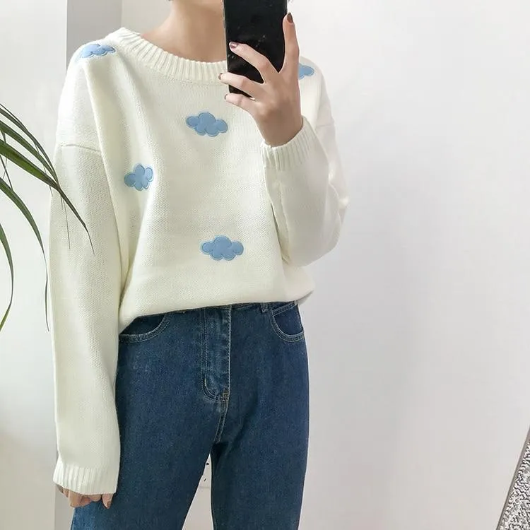 Cute Cloud Print Women's Jumper: 3D effect contrasting clouds