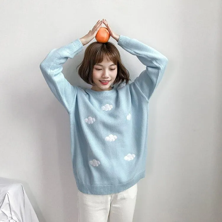 Cute Cloud Print Women's Jumper: 3D effect contrasting clouds