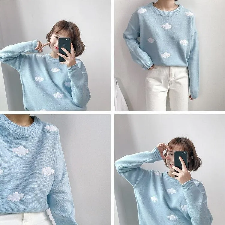 Cute Cloud Print Women's Jumper: 3D effect contrasting clouds